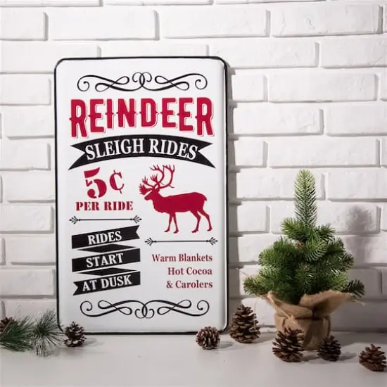 Glitzhome® Reindeer Sleigh Rides Farmhouse Metal Enamel Sign {8}