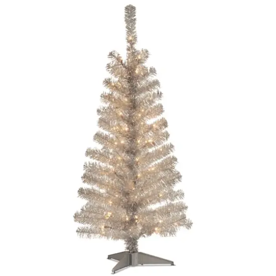 4ft. Pre-Lit Silver Tinsel Artificial Christmas Tree, Clear Lights {1}