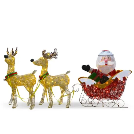 34" Santa & Reindeer Pulling Sleigh, Clear Lights {1}