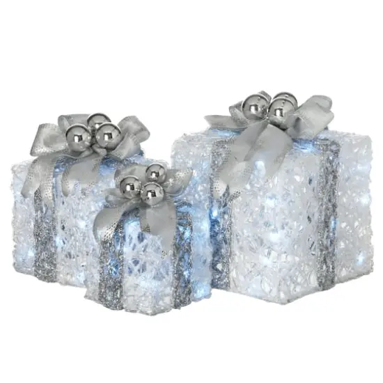Glittered Silver & White Gift Box Set with White Twinkle LED Lights {1}