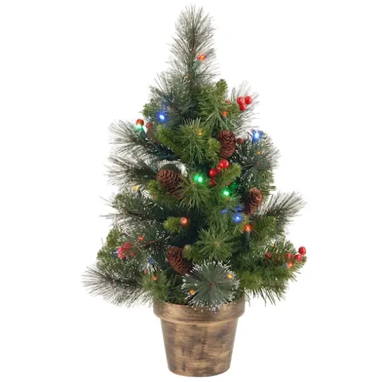 2ft. Pre-Lit Silver Bristle, Pinecones, Red Berries & Glitter Crestwood Spruce Artificial Christmas Tree in Bronze Pot, Multicolor LED Lights {1}
