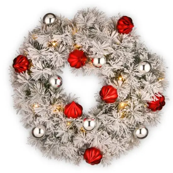 24" Snowy Bristle Pine Wreaths with Red & Silver Ornaments & Warm White LED Lights {1}