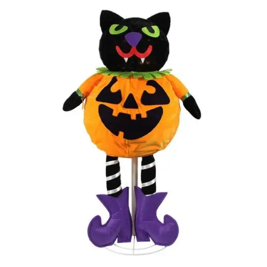 LED-Lighted Standing Black Cat Jack-O-Lantern Halloween Pumpkin {1}