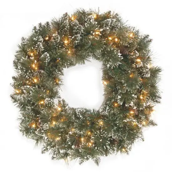 24" Glittery Bristle&reg; Pine Wreath with Clear Lights {1}