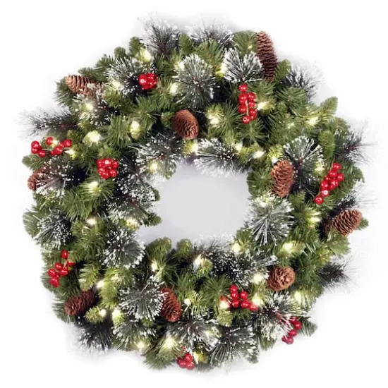 24" Crestwood&reg; Spruce Wreath with Silver Bristle, Pine Cones, Red Berries & Glitter with Warm White LED Lights {1}