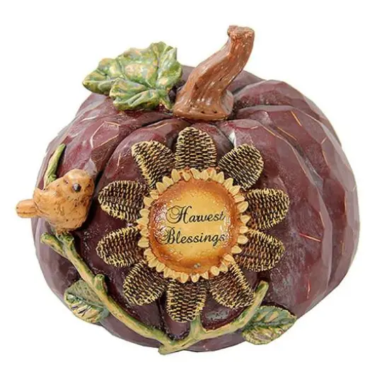 7" Harvest Blessings Pumpkin with Sunflower & Bird Decoration {1}