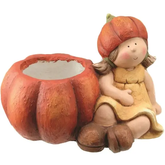 Fall Harvest Sitting Girl with Pumpkin Pot Tabletop Decoration {1}