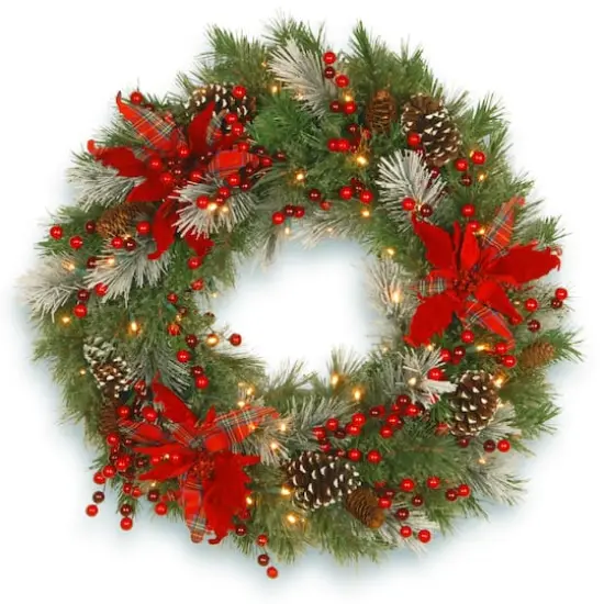 30" Pre-Lit Decorative Collection Cones, Red Berries & Poinsettias Tartan Plaid Wreath With Warm White LED Lights {1}