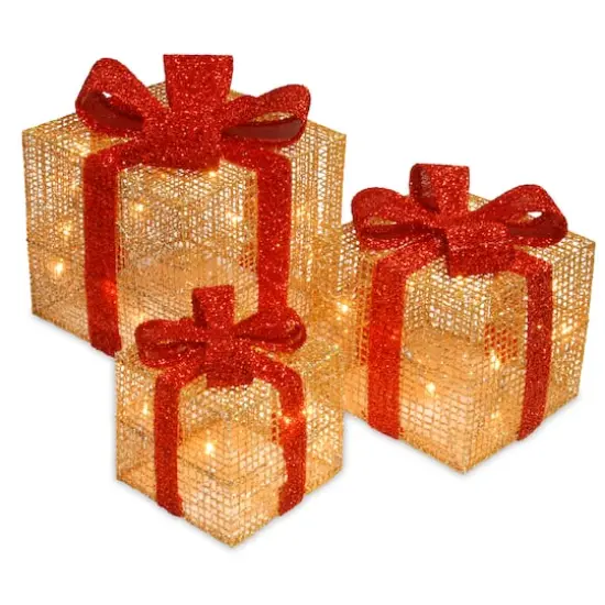 Gold & Red Gift Box Set with Holly with Clear Lights {1}