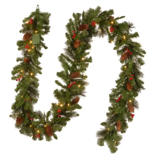 9' x 10" Pre-lit Crestwood&reg; Spruce Artificial Christmas Garland with Silver Bristle, Cones, Red Berries and Glitter with 50 Battery Operated Soft White LED Lights {1}