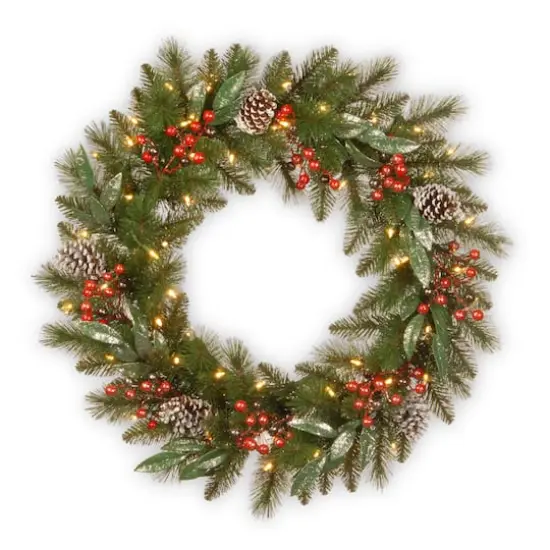 24" Frosted Pine Berry Collection Wreaths with Pine Cones, Red Berries, Silver Glittered Eucalyptus Leaves & Warm White LED Lights {1}