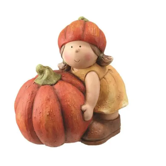 Fall Harvest Girl in Tan Dress with Artificial Pumpkin Tabletop Decoration {1}
