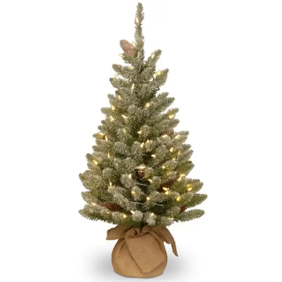 3ft. Snowy Concolor Fir with Snowy Pinecones Artificial Christmas Tree In Burlap Base, Warm White LED Lights {1}