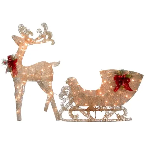48" Champagne Reindeer Pulling Sleigh, White LED Lights {1}