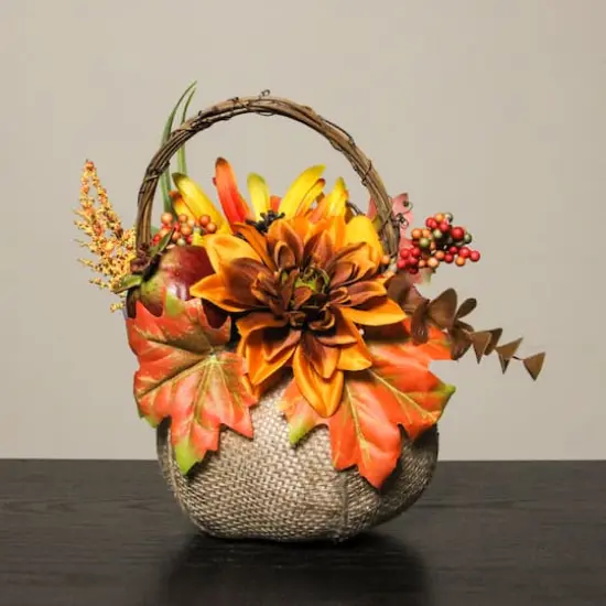 9" Autumn Harvest Burlap Pumpkin with Flowers and Fruit Thanksgiving Decoration {5}