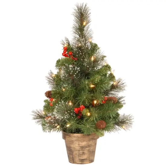 2ft. Pre-Lit Crestwood Spruce Small Tree With Silver Bristle, Cones, Red Berries & Glitter In A Plastic Bronze Pot, Clear Lights {1}