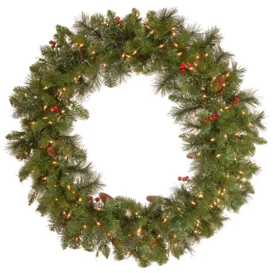 36" Crestwood Spruce Wreath with Silver Bristle, Cones, Red Berries & Glitter with 200ct. Clear Lights {1}
