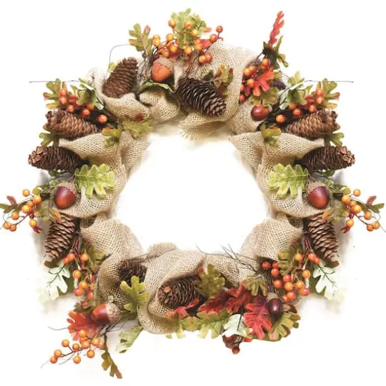 18" Unlit Autumn Harvest Berry, Leaves, Acorns, Pinecones & Burlap Artificial Wreath {1}