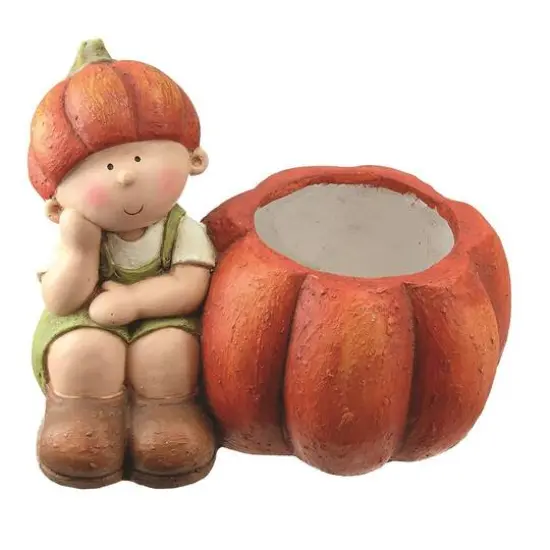 Fall Harvest Sitting Boy with Pumpkin Pot Tabletop Decoration {1}