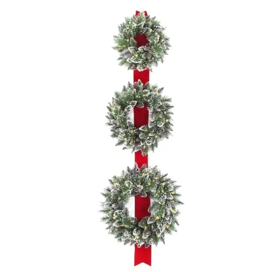18", 22", & 26" Triple Wreath Door D&eacute;cor Piece With Warm White Twinkle LED Lights {1}