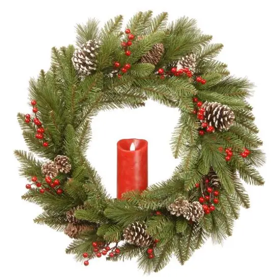 24" Feel Real&reg; Bristle Berry Wreath with Red Electronic Candle, Red Berries & Cones {1}