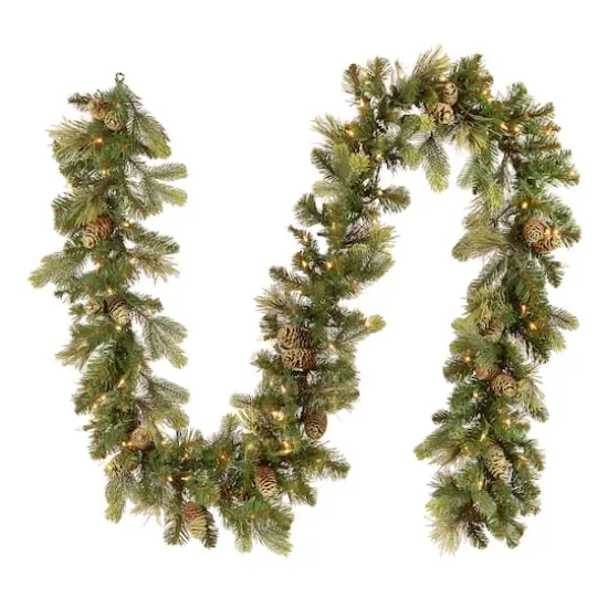 9' x 10" Pre-lit Carolina Pine Artificial Christmas Garland with 27 Flocked Cones and 100 Clear Lights {1}
