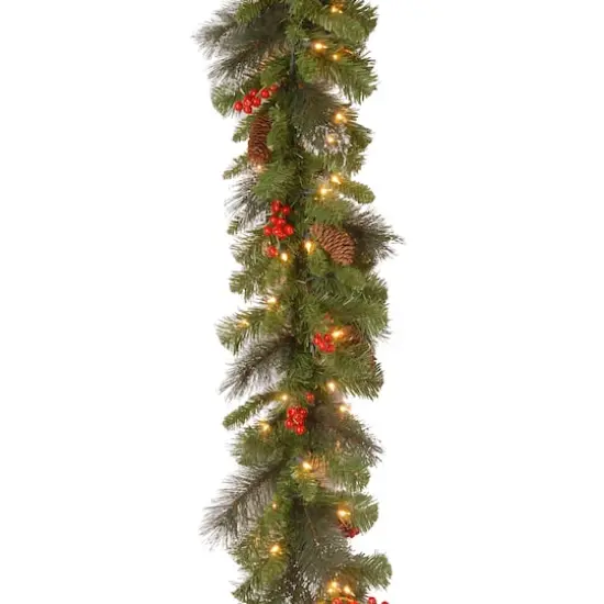 9ft. Pre-Lit Crestwood® Spruce Garland with Silver Bristle, Cones, Red Berries and Glitter with 50 Clear Lights {1}
