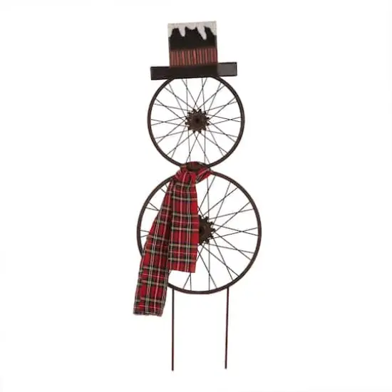 Glitzhome® 36" Metal Christmas Bike Wheel Snowman Plaid Scarf Yard Stake {1}