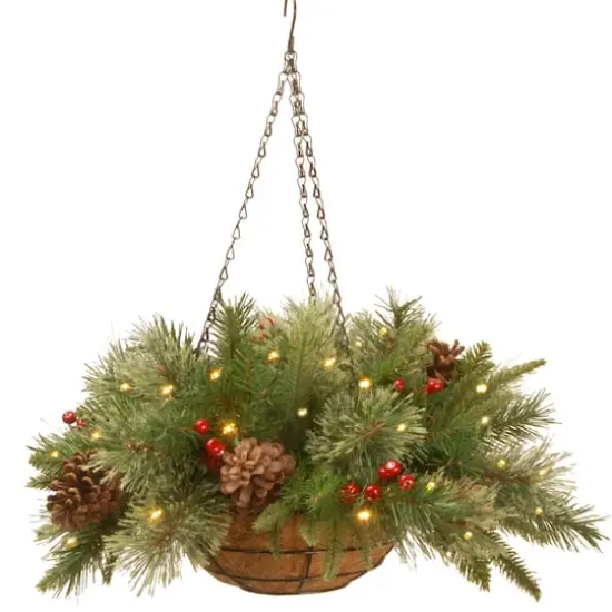 20" Pre-lit Feel Real&reg; Colonial Artificial Christmas Hanging Basket with Cones, Red Berries &50 Warm White Battery Operated LED Lights w/Timer {1}