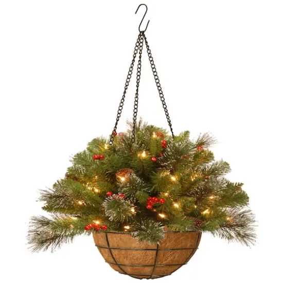 20" Pre-lit Crestwood Spruce Artificial Christmas Chain Hanging Basket with Silver Bristle, Cones, Red Berries, Glitter, Coconut Fiber in Basket with LED Lights {1}