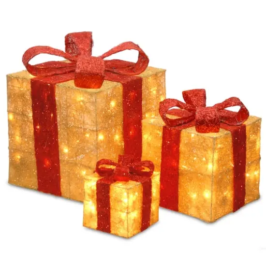 Set of 3 Gold Gift Boxes, Clear Lights {1}