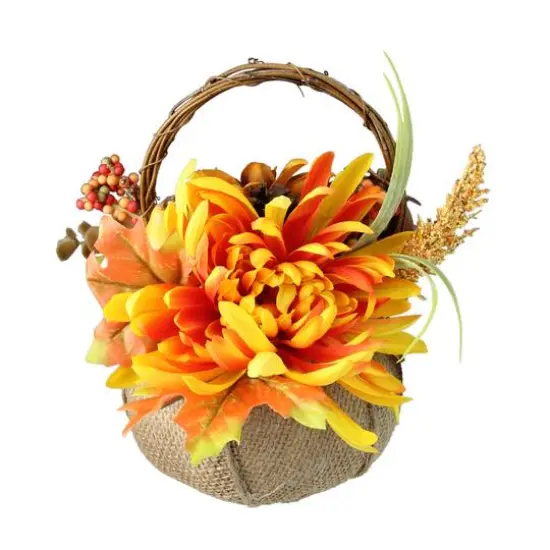 9" Autumn Harvest Burlap Pumpkin with Flowers and Fruit Thanksgiving Decoration {1}