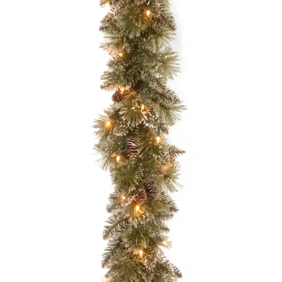 9' x 10" Pre-lit Glittery Bristle&reg; Pine Artificial Christmas Garland with White Tipped Cones and 50 Clear Lights {1}
