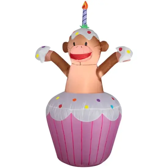 3.5ft. Airblown&reg; Inflatable Happy Birthday Cupcake with Monkey {1}