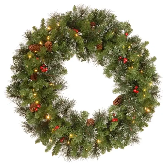 30" Crestwood&reg; Spruce Wreath with Cones, Red Berries, Glitter & 70ct. Warm White Battery Operated LED Lights with Timer {1}