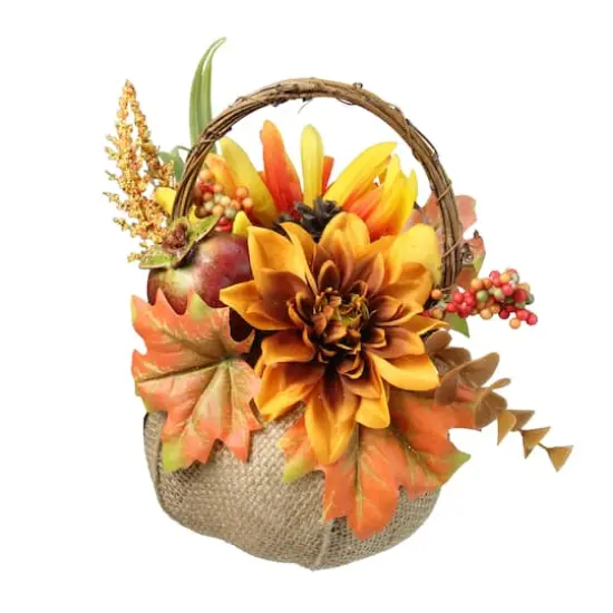 9" Autumn Harvest Burlap Pumpkin with Flowers and Fruit Thanksgiving Decoration {3}