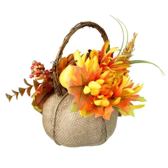 9" Autumn Harvest Burlap Pumpkin with Flowers and Fruit Thanksgiving Decoration {4}