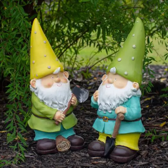 12.25" Green & Yellow Gnome Outdoor Garden Statue Set {3}