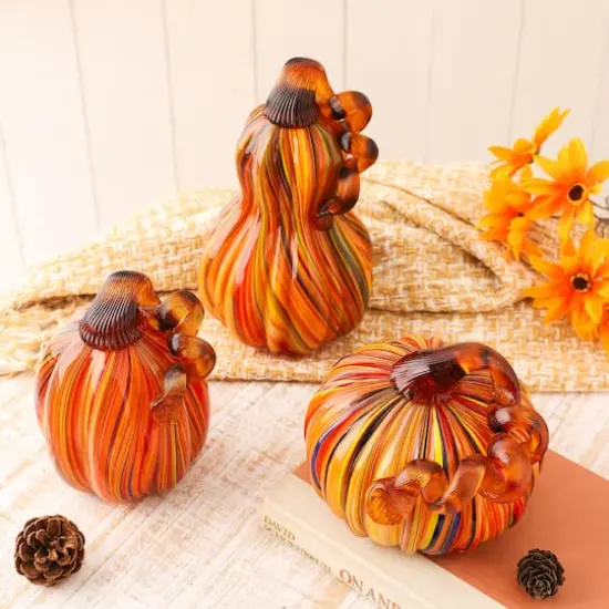 Glitzhome&reg; Multi Striped Glass Pumpkin & Gourd Set {4}