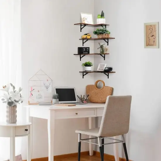 Brown Wood Wall Mounted Corner Floating Shelf Set {6}