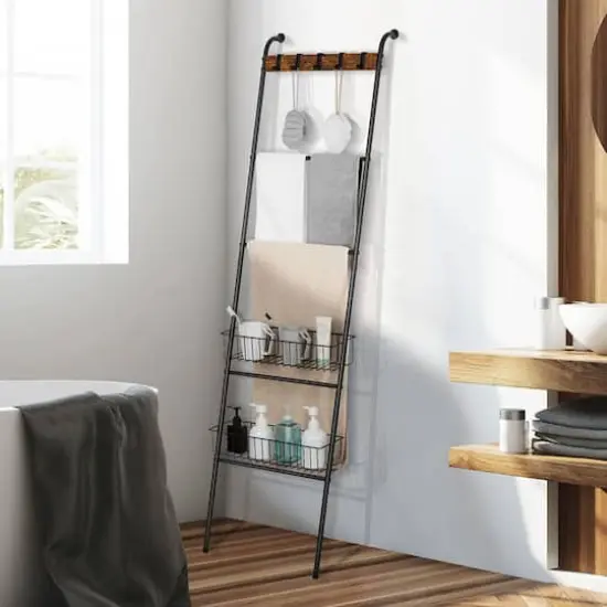NEX&trade; 64" Black Blanket Ladder Leaning Towel Holder with 2 Metal Baskets {7}