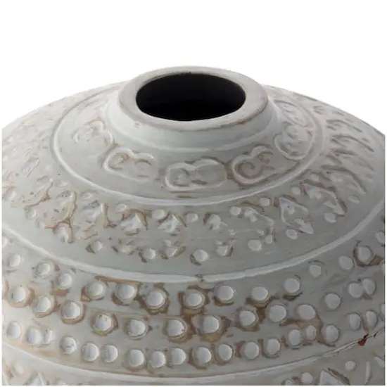 11.75" Green Antique-Style Wide Rounded Ceramic Vase with Geometric Carvings {4}