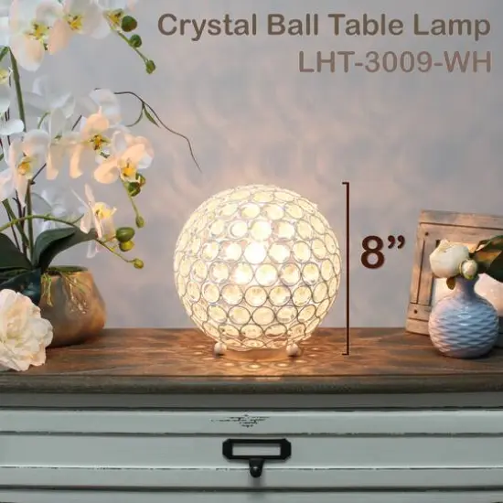 Lalia Home 8" Medium Metal Crystal Round Orb Table Lamp White {5}