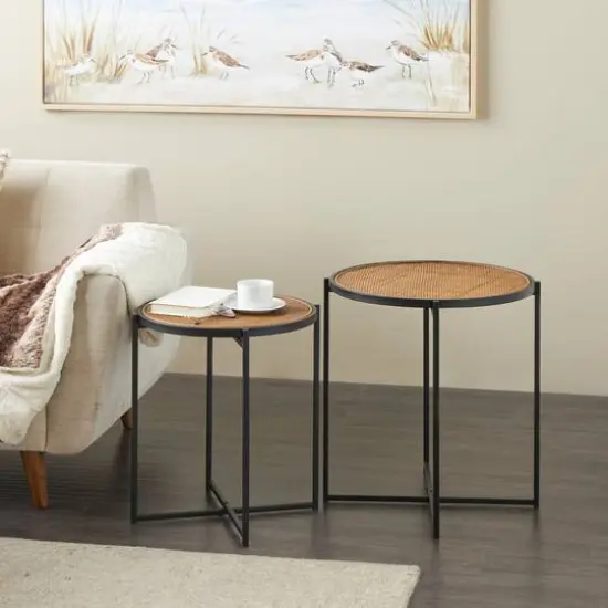 Black Metal & Woven Rattan Accent Table Set {3}
