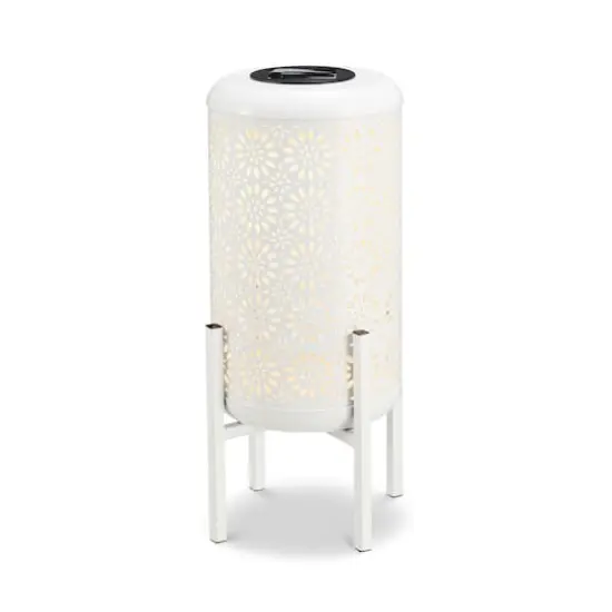 Glitzhome&reg; 14.25" White Metal Cutout Flower Pattern Solar Powered LED Outdoor Lantern {1}