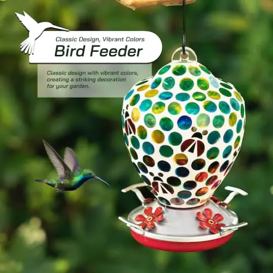 Glitzhome&reg; 8.25" Blue & Green Dots & Ladybugs Glass Hanging Bird Feeder {5}