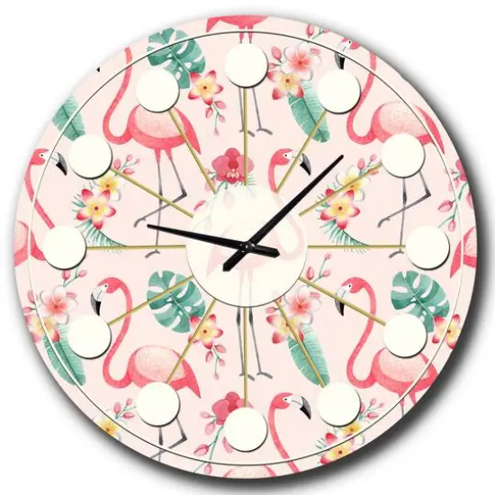 Designart 'Tropical Botanicals, Flowers And Flamingo Ii Mid-Century Modern Wall Clock {3}