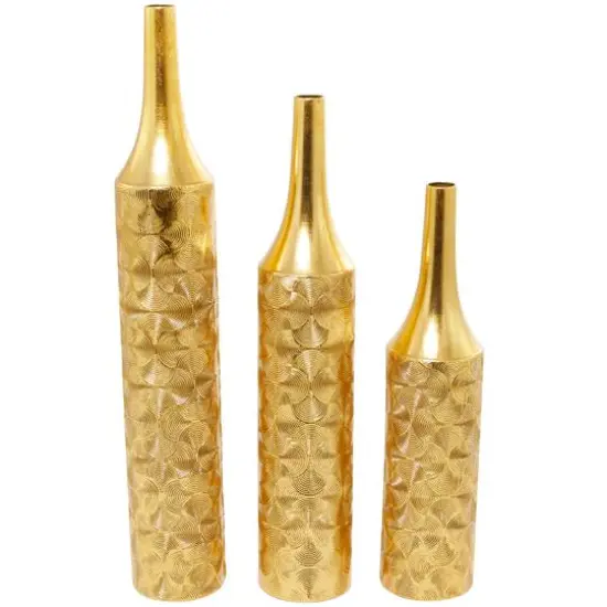 Gold Metal Tall Distressed Metallic Vase with Etched Swirl Patterns Set of 3 36", 30", 25" {1}