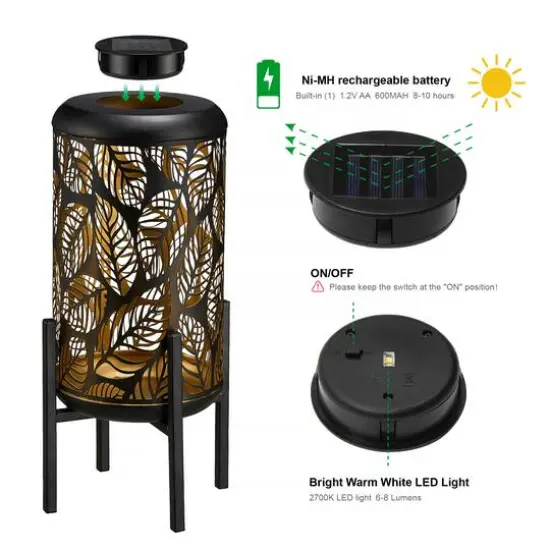 Glitzhome&reg; 14.25" Black Metal Cutout Leaves Pattern Solar Powered LED Outdoor Lantern, 2ct. {8}