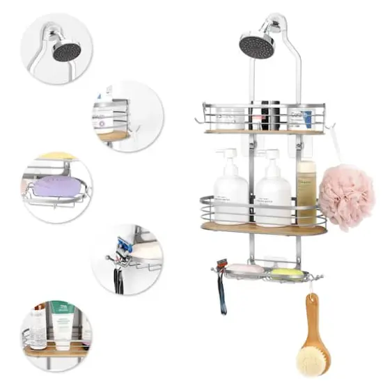 NEX&trade; Silver Stainless Steel & Bamboo Hanging Caddy Shower Organizer with Hooks {8}